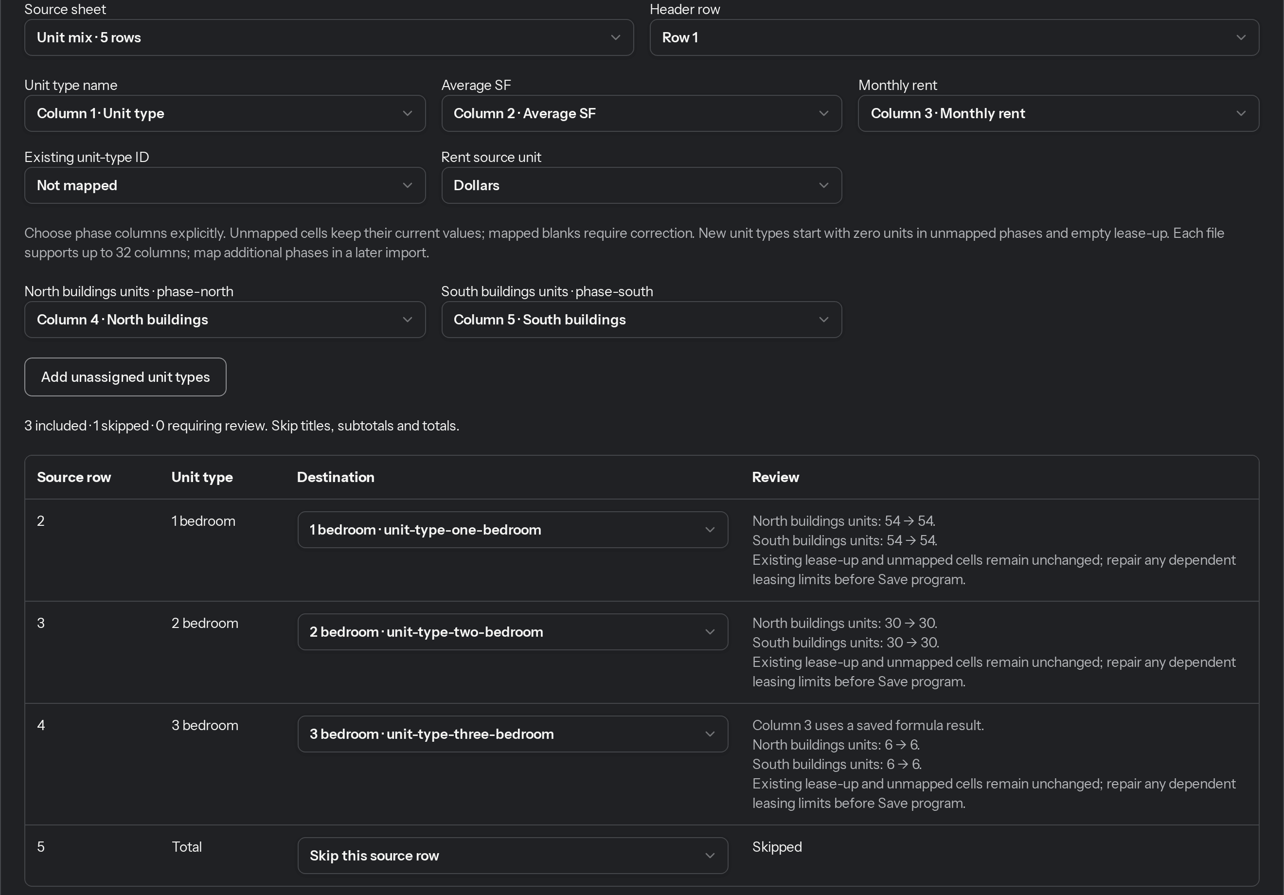 CRE Terminal program import for an example development, with spreadsheet columns mapped to the unit mix.