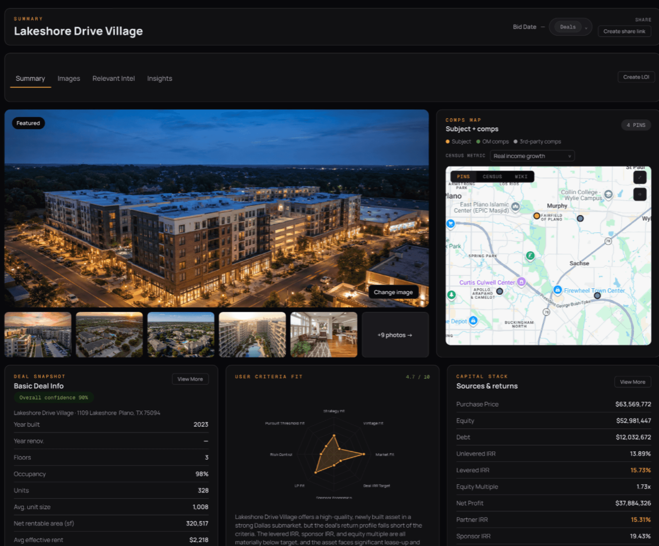 Assembled deal analysis workspace