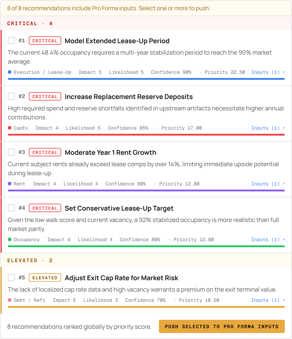 Risk recommendations connected to pro forma inputs